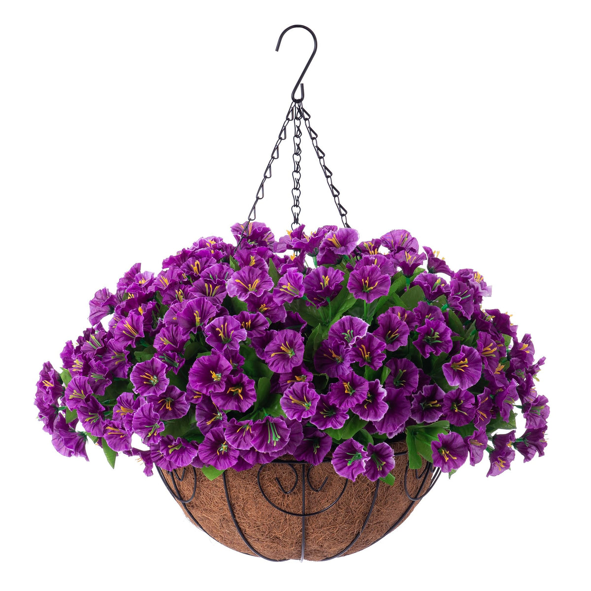 Ammyoo artificial hanging basket with petunias for outdoor decor and year-round color.