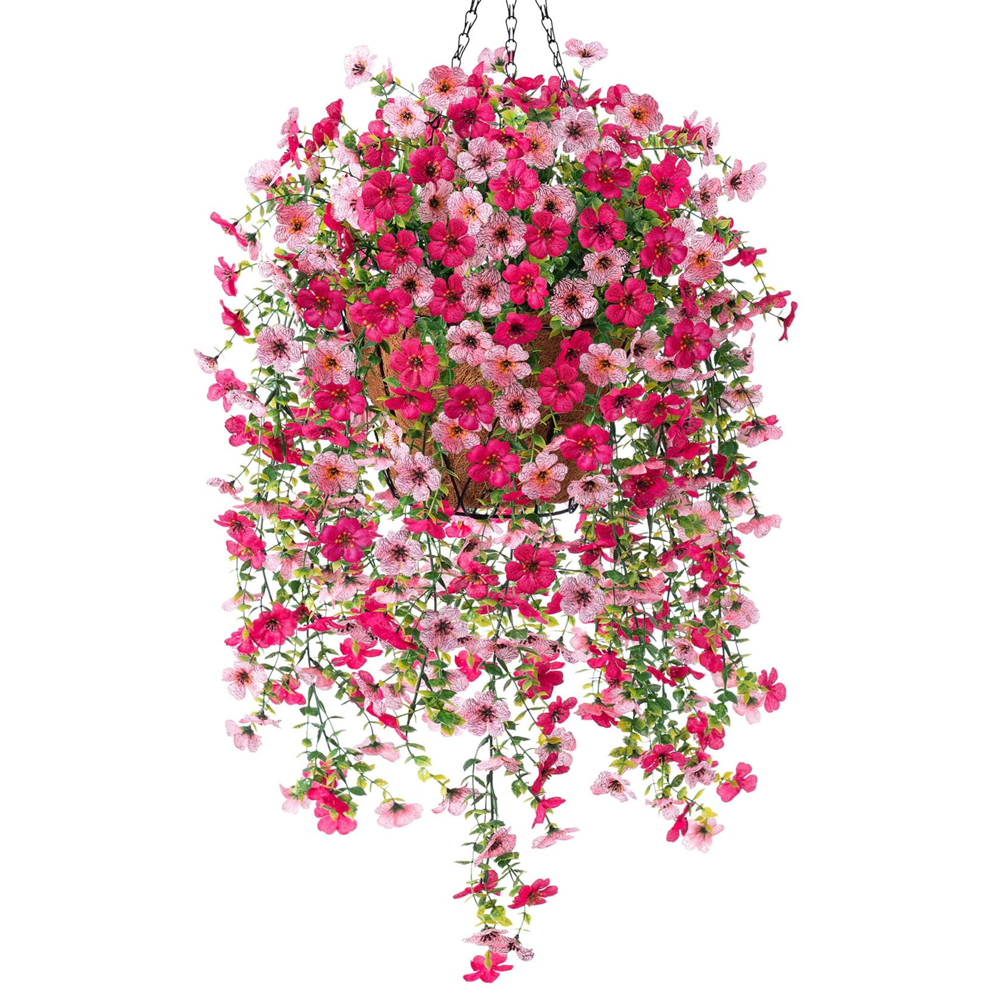 Ammyoo artificial hanging daisy basket in rose pink adds vibrant curb appeal.