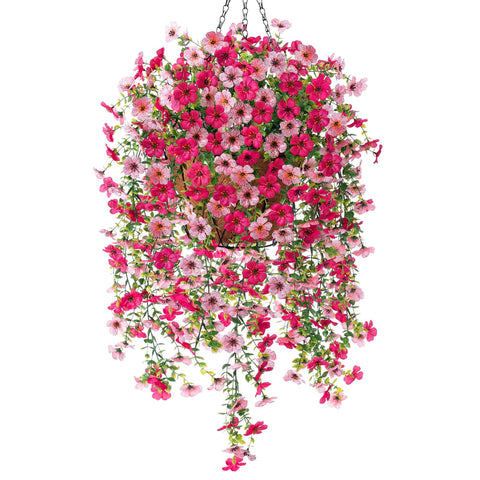 Ammyoo artificial hanging daisy basket in rose pink adds vibrant curb appeal.