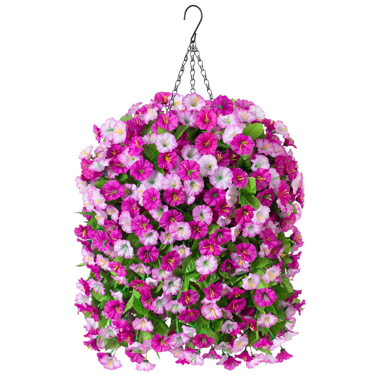 Ammyoo artificial hanging flowers basket closeup shows lifelike petals for outdoor decor.