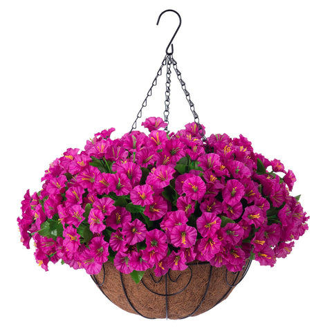 Ammyoo artificial hanging flower basket with fuchsia petunias adds color to outdoors.