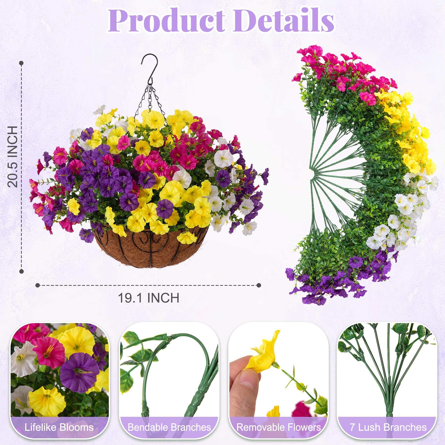 Ammyoo hanging flowers show eucalyptus leaves detail for natural greenery.