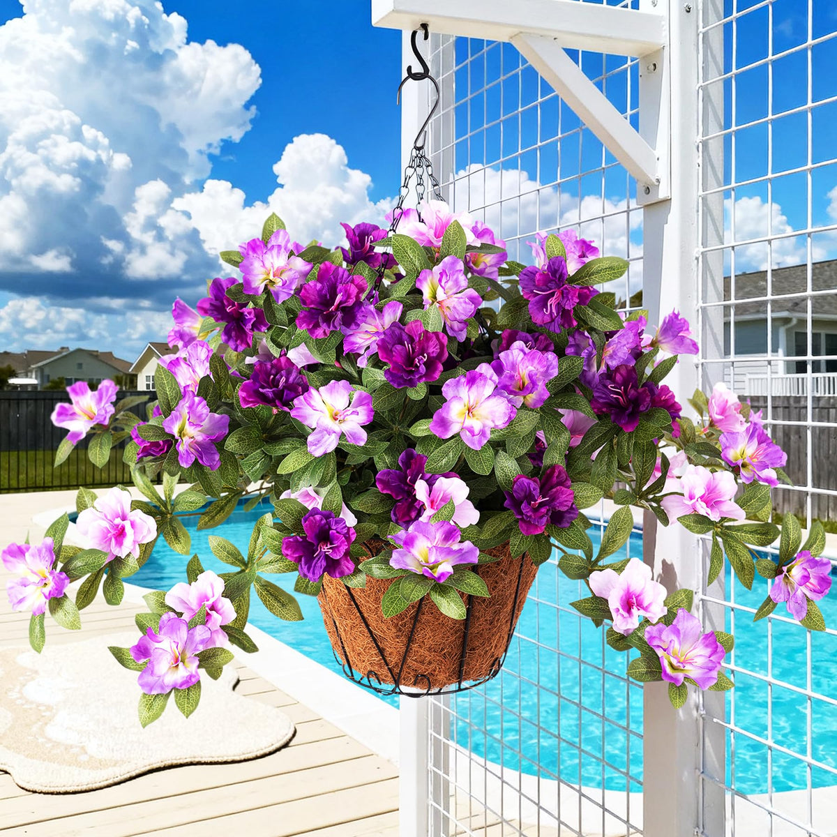 Ammyoo artificial hanging azalea flowers for outdoor baskets with vivid color.