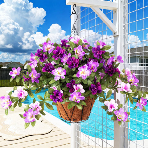 Ammyoo artificial hanging azalea flowers for outdoor baskets with vivid color.