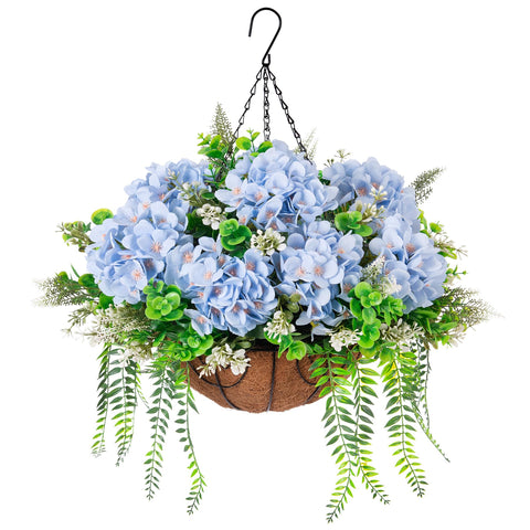 Ammyoo blue hanging hydrangea basket viewed in full, ideal for outdoor decor.