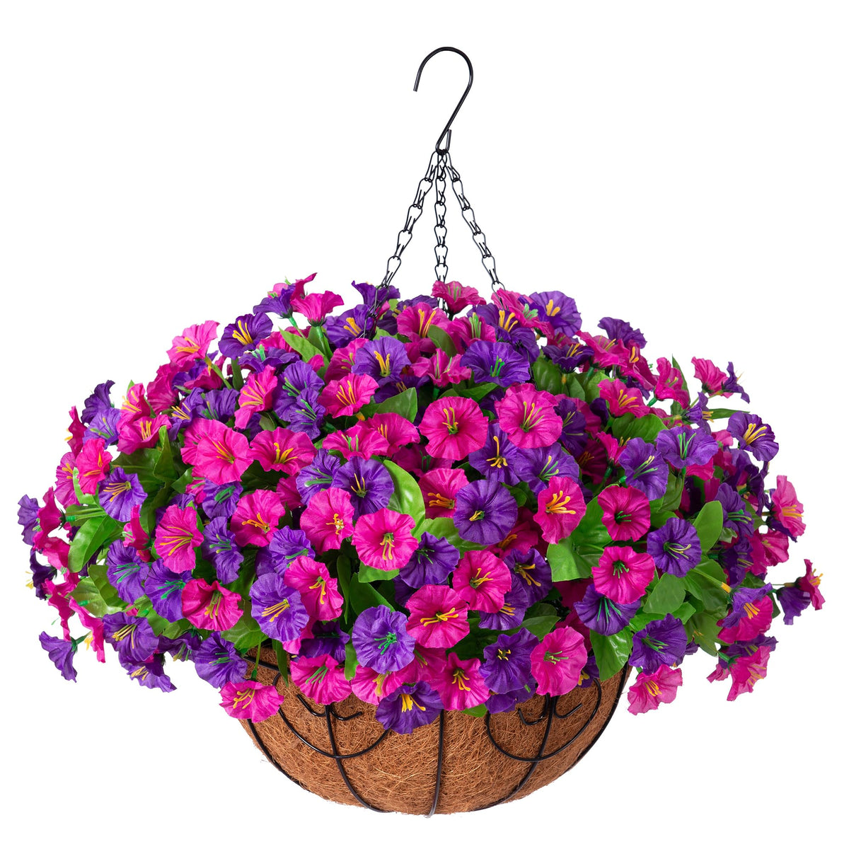 Ammyoo artificial morning glory flowers in a decorative basket for year-round outdoor decor.