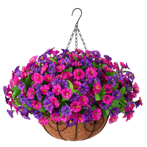 Ammyoo artificial morning glory flowers in a decorative basket for year-round outdoor decor.