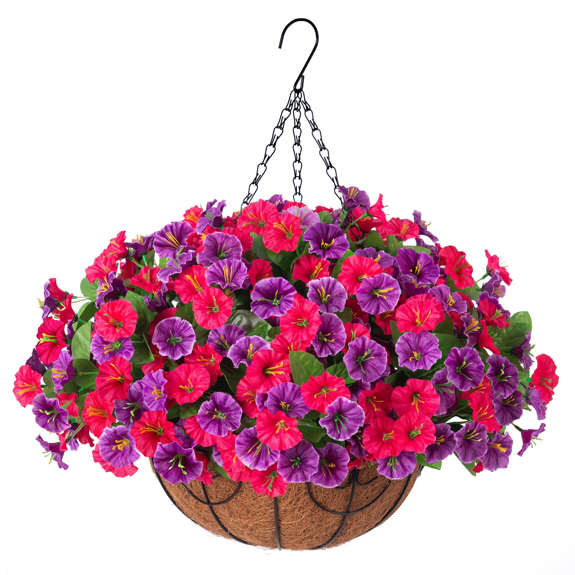 Ammyoo artificial morning glory hanging basket blooms for year-round outdoor decor.