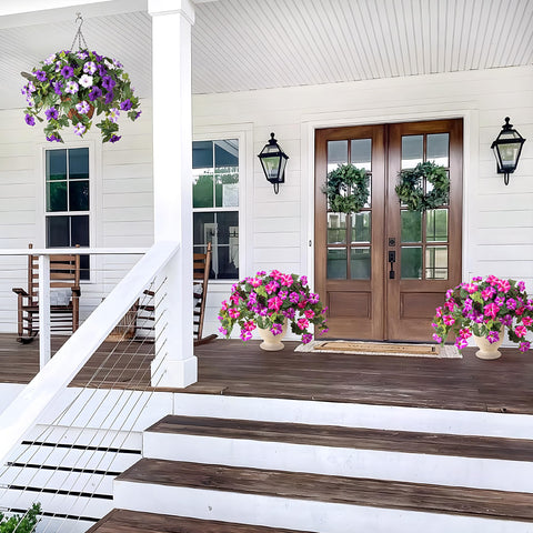 Ammyoo petunia arrangement near front door boosts curb appeal.