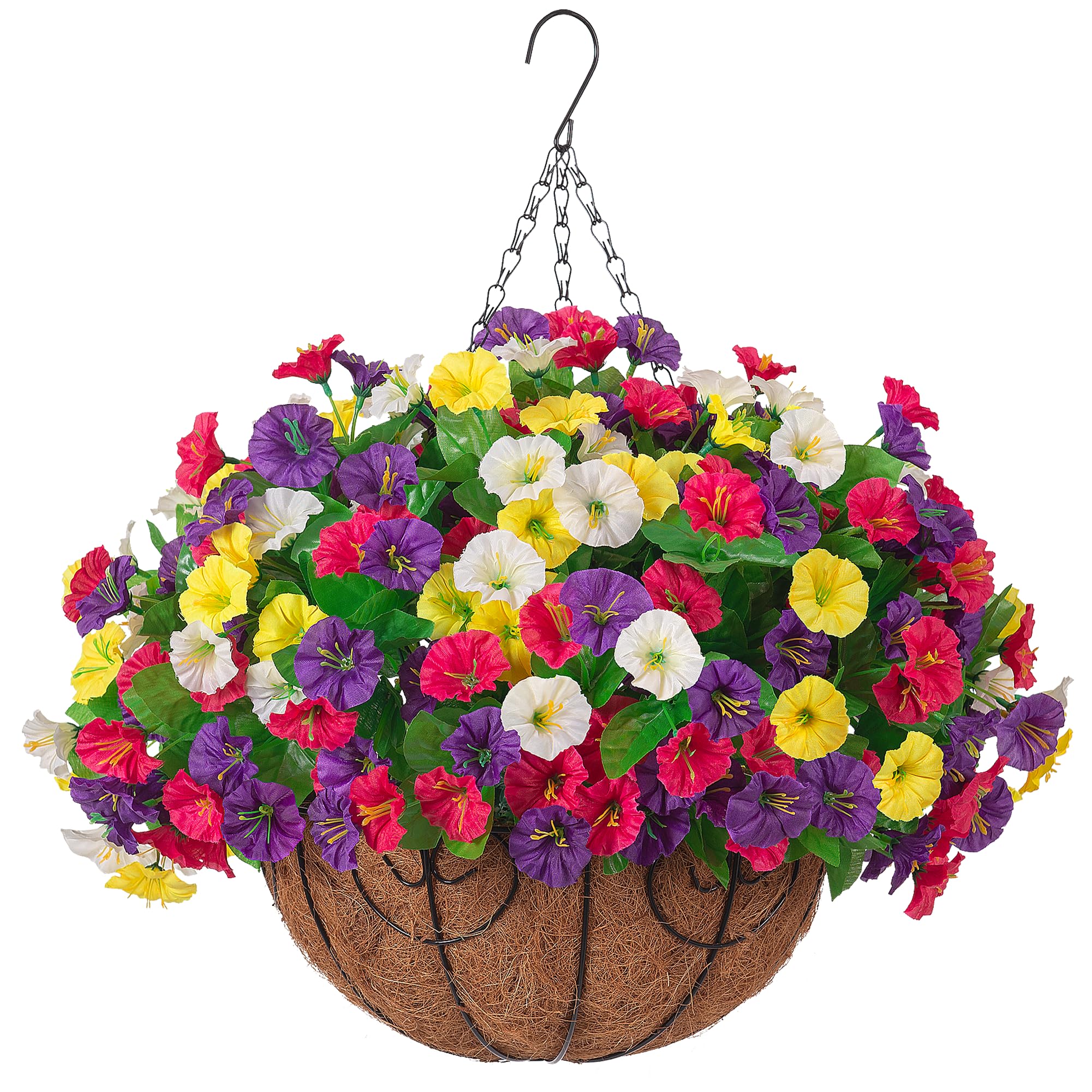 Ammyoo basket of hanging morning glory flowers brightens porches with year-round color.