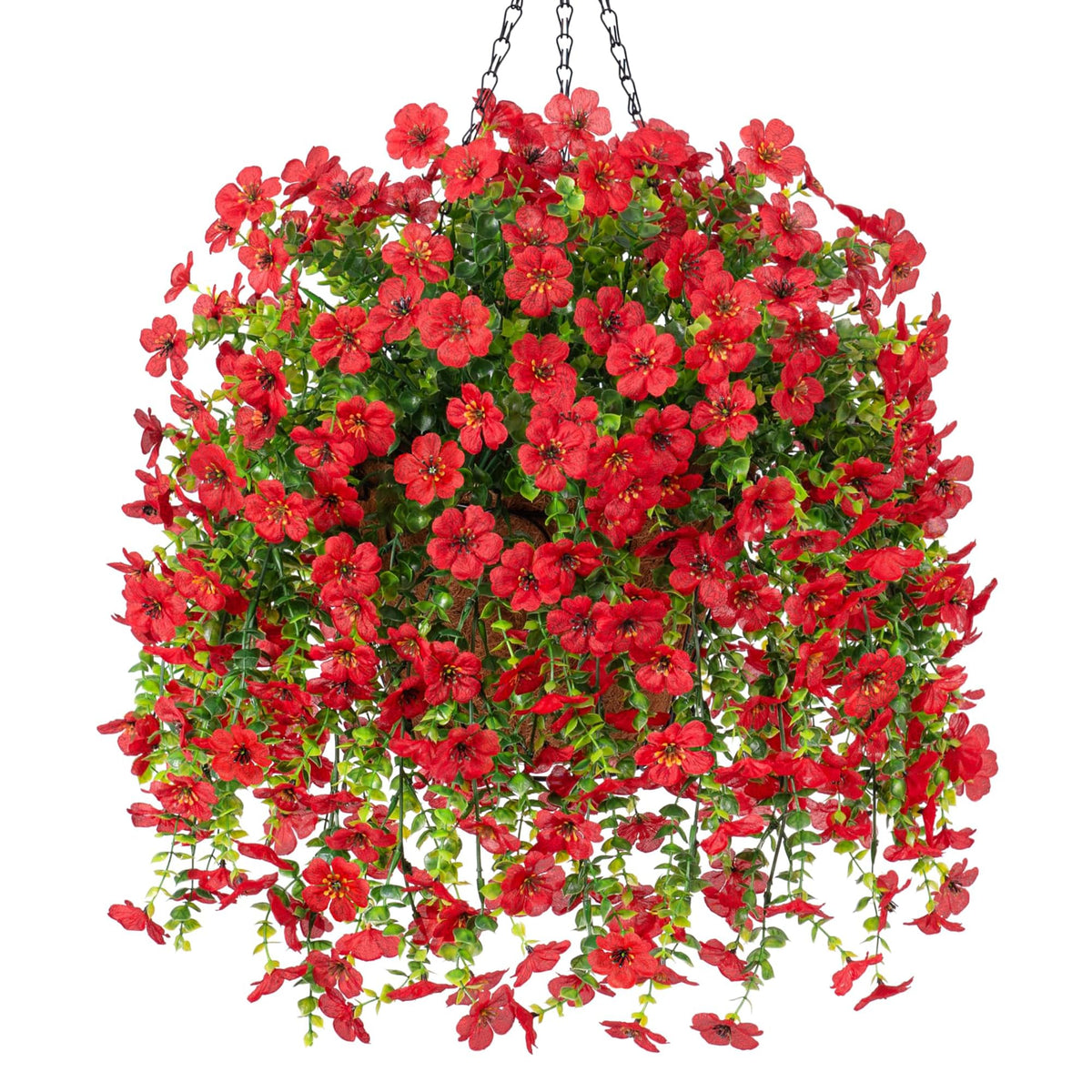 Ammyoo red daisy hanging basket for maintenance-free outdoor décor.