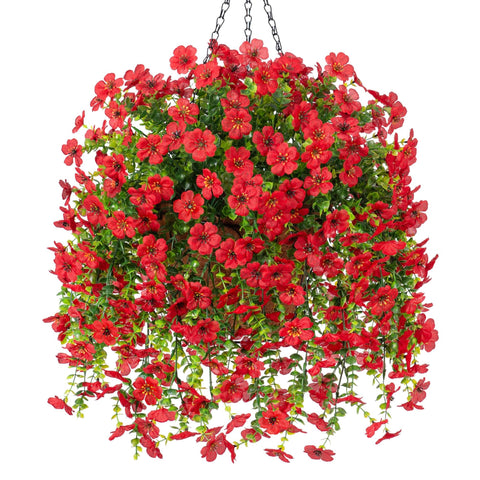 Ammyoo red daisy hanging basket for maintenance-free outdoor décor.