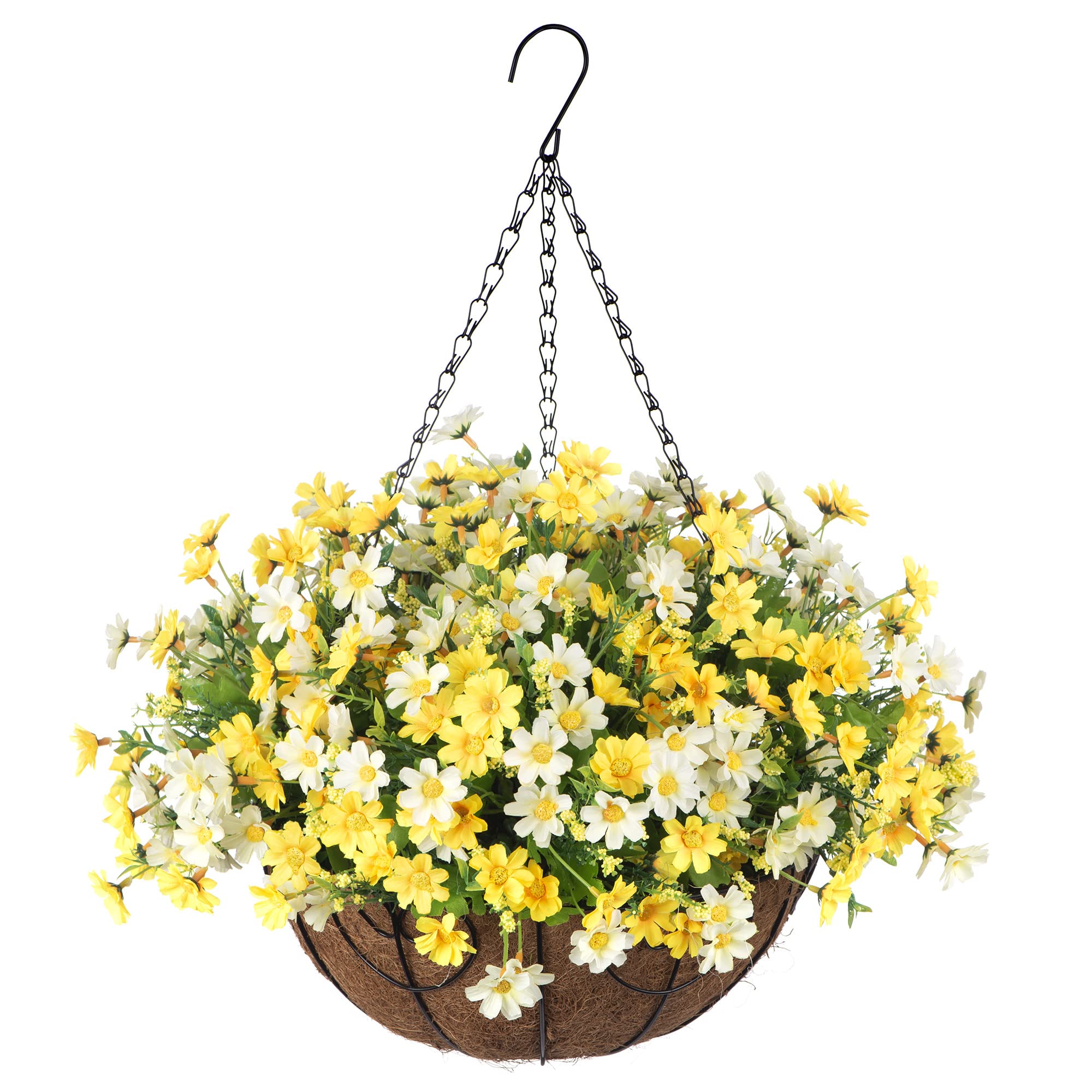 Ammyoo hanging flowers in a yellow-white basket for outdoor decor.