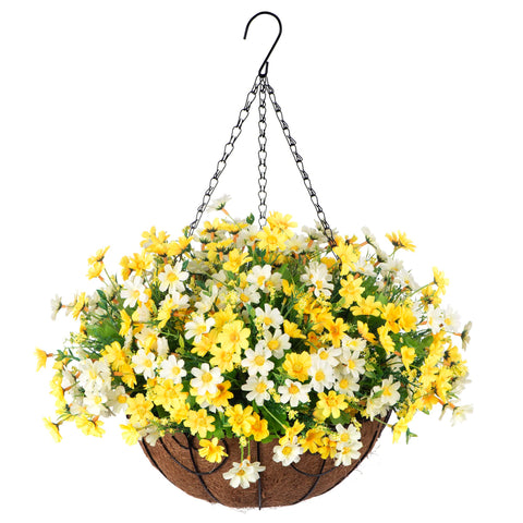 Ammyoo hanging flowers in a yellow-white basket for outdoor decor.