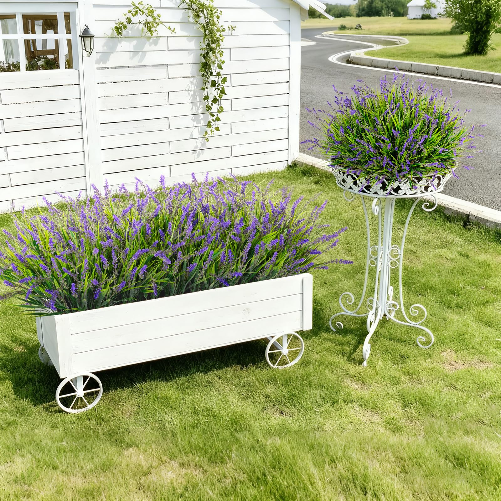 Ammyoo monkey grass fake greenery enhancing a cozy porch setup.