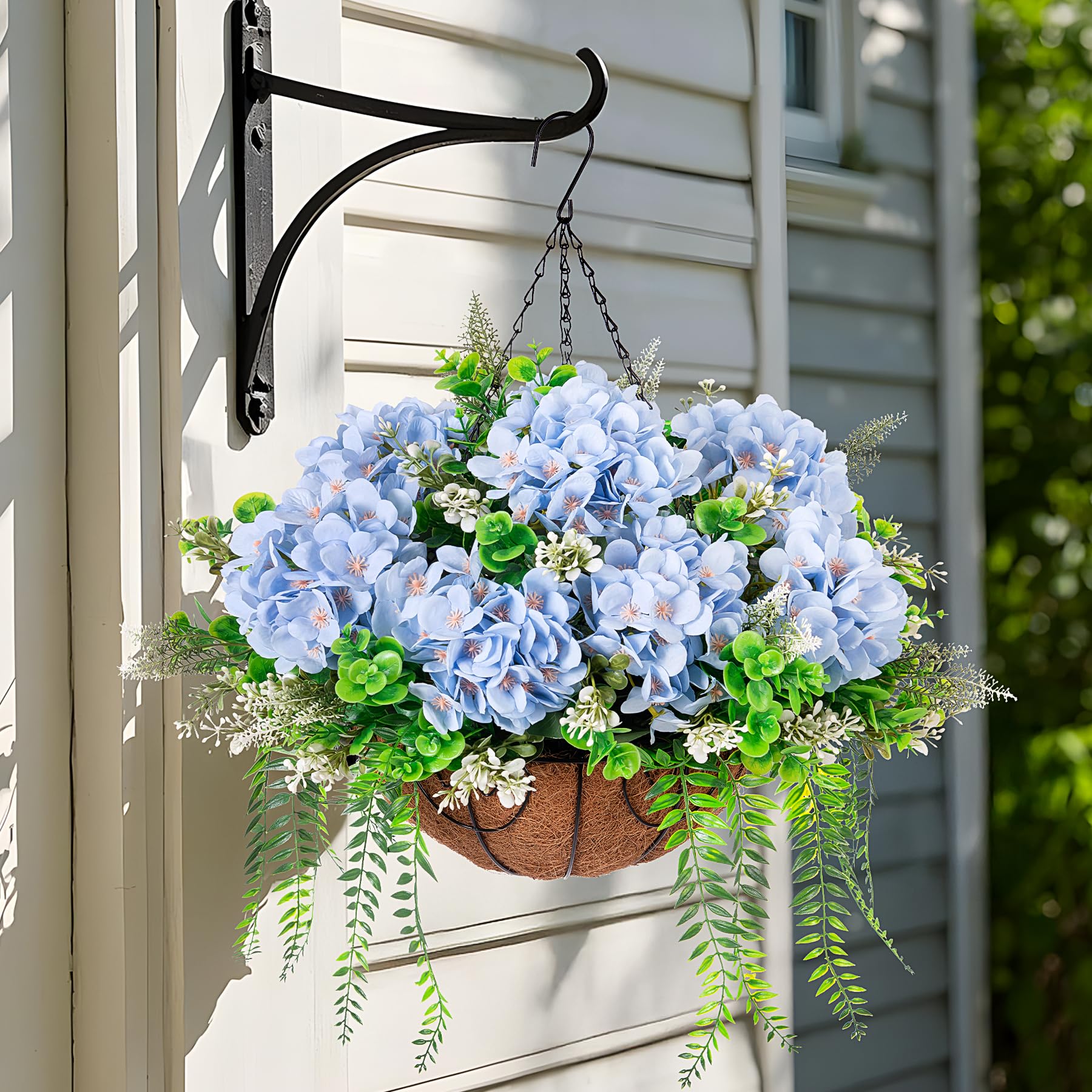 Ammyoo outdoor balcony hydrangea blue hanging flower accenting railing.
