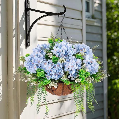 Ammyoo outdoor balcony hydrangea blue hanging flower accenting railing.