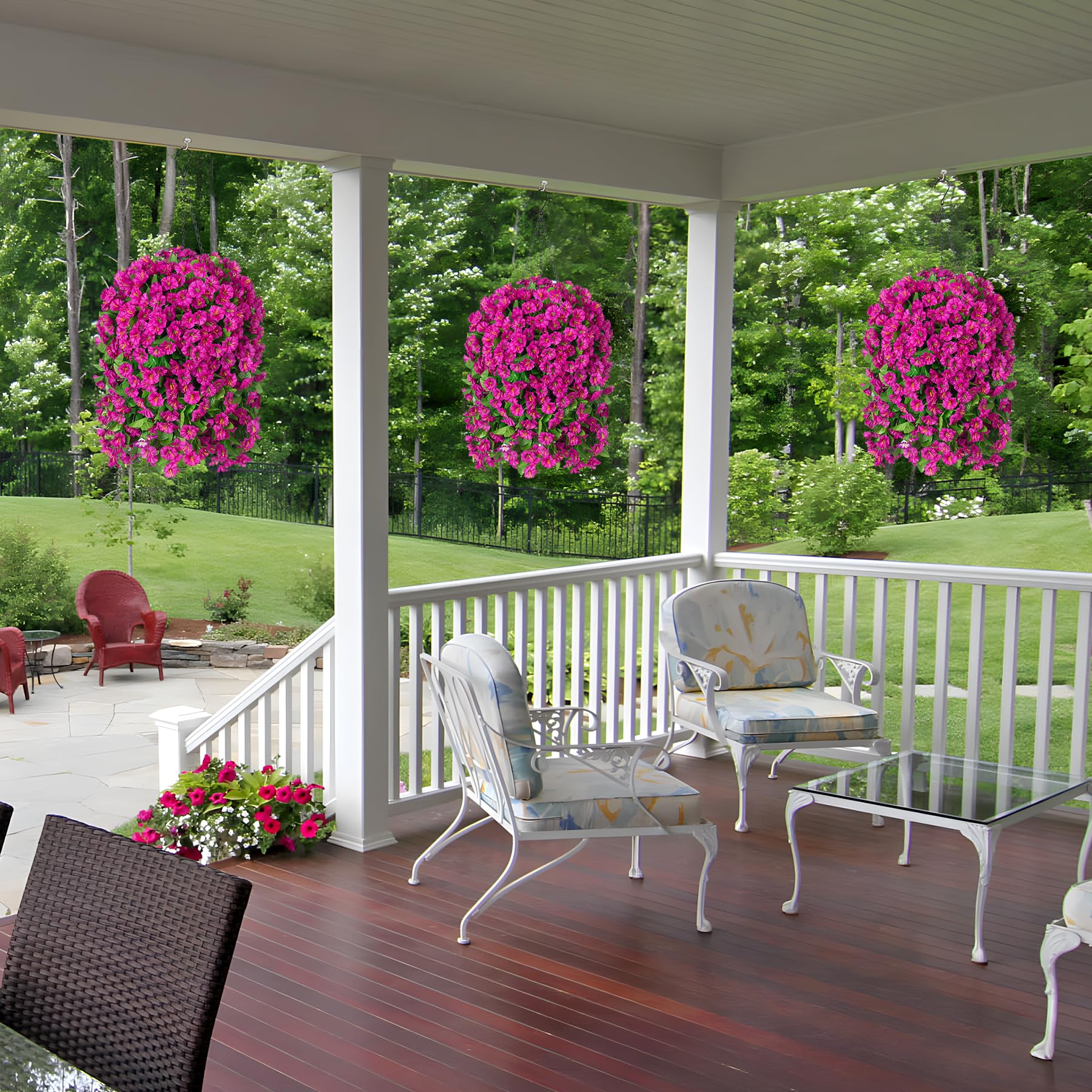 Ammyoo patio scene with eucalyptus adds a fresh garden vibe.