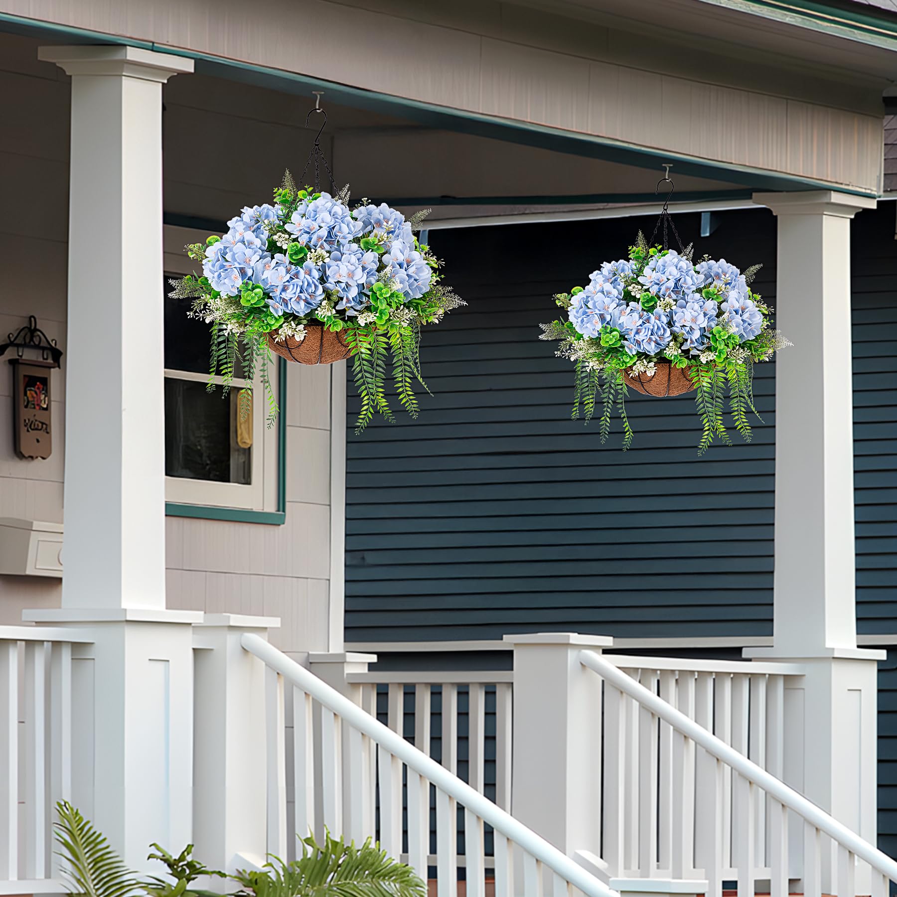 Ammyoo blue hydrangea basket enhancing patio or garden decor.