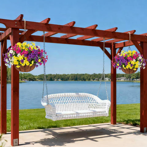 Ammyoo petunias hanging basket enhances patio and garden decor.
