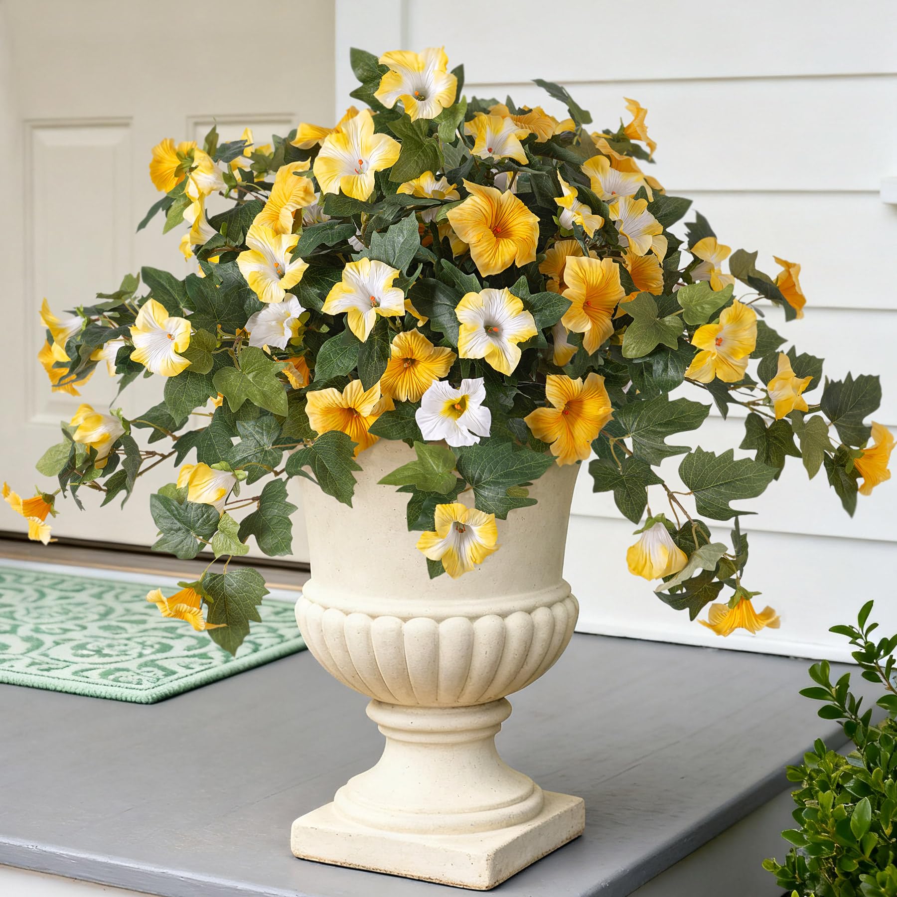 Ammyoo artificial petunia outdoor yellow and white bloom for year-round color.