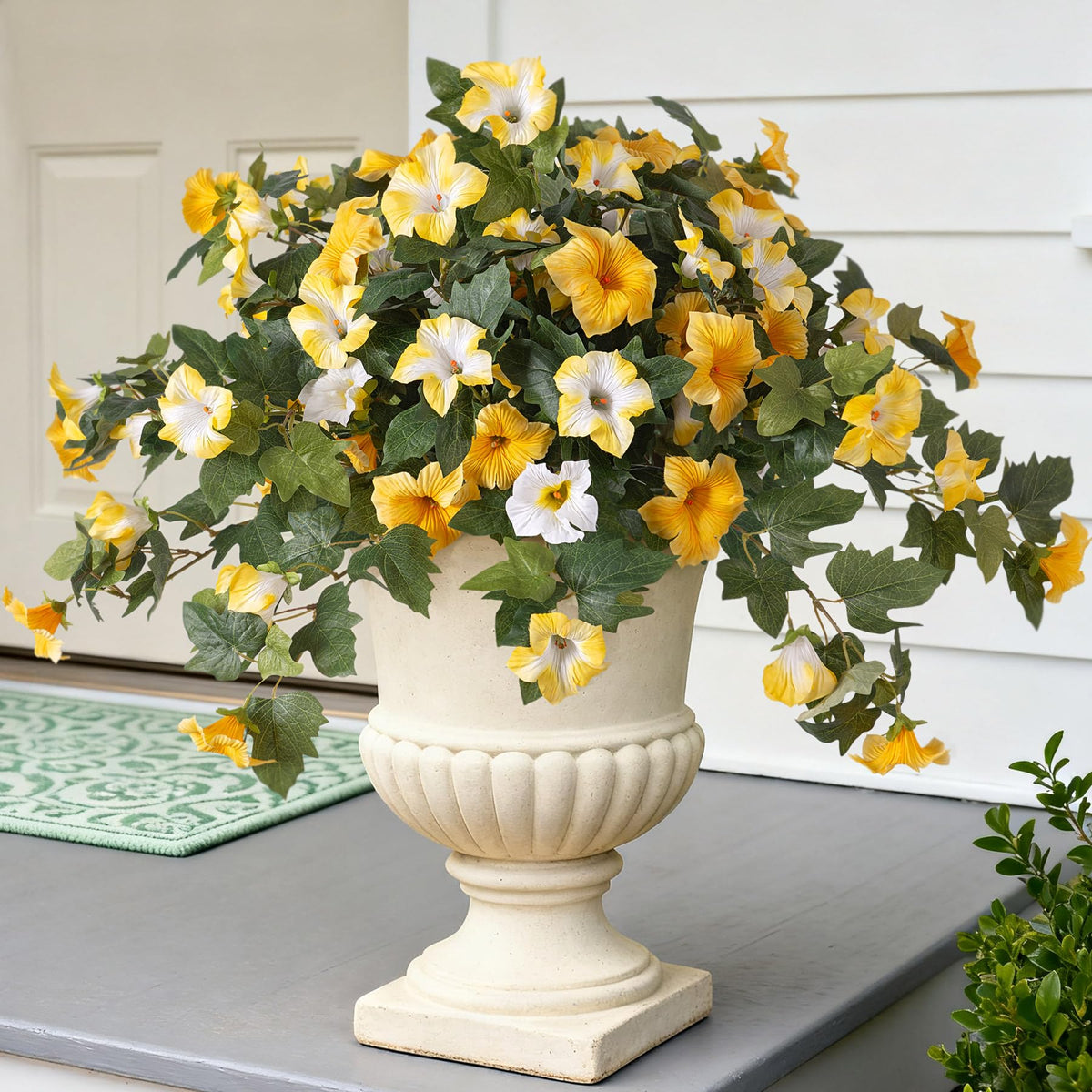 Ammyoo artificial petunia outdoor yellow and white bloom for year-round color.