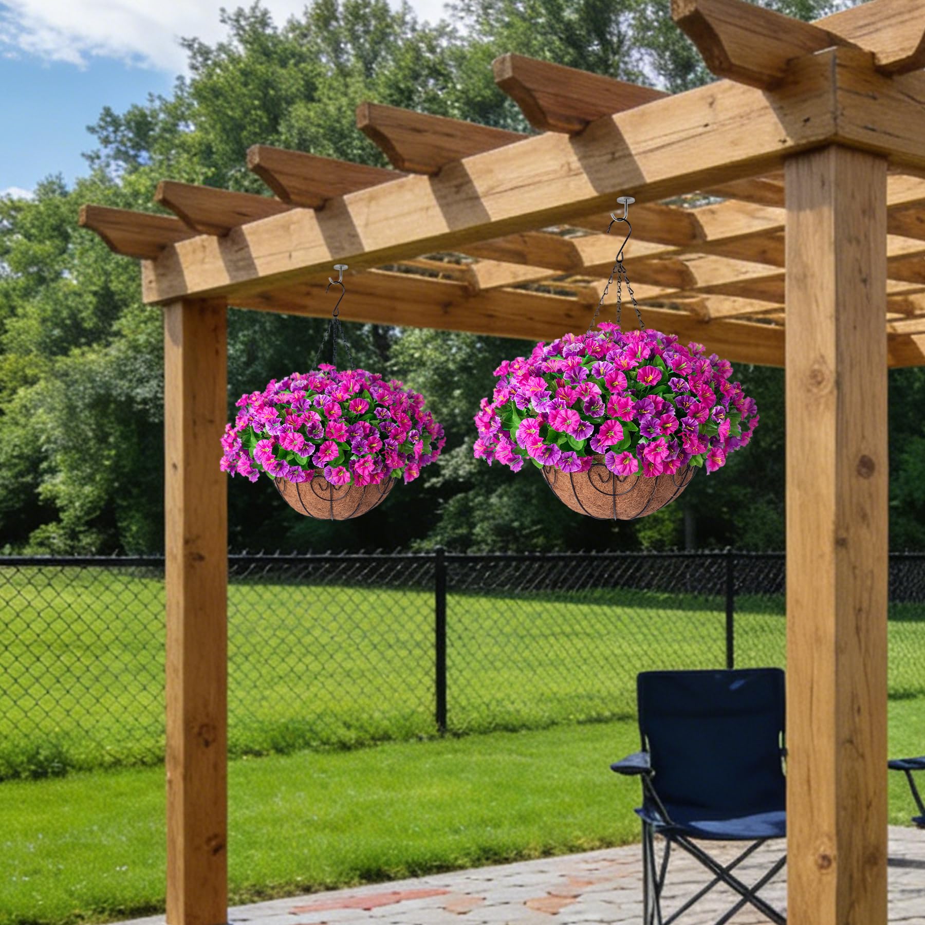Ammyoo petunias in hanging basket provide color and year-round appeal.