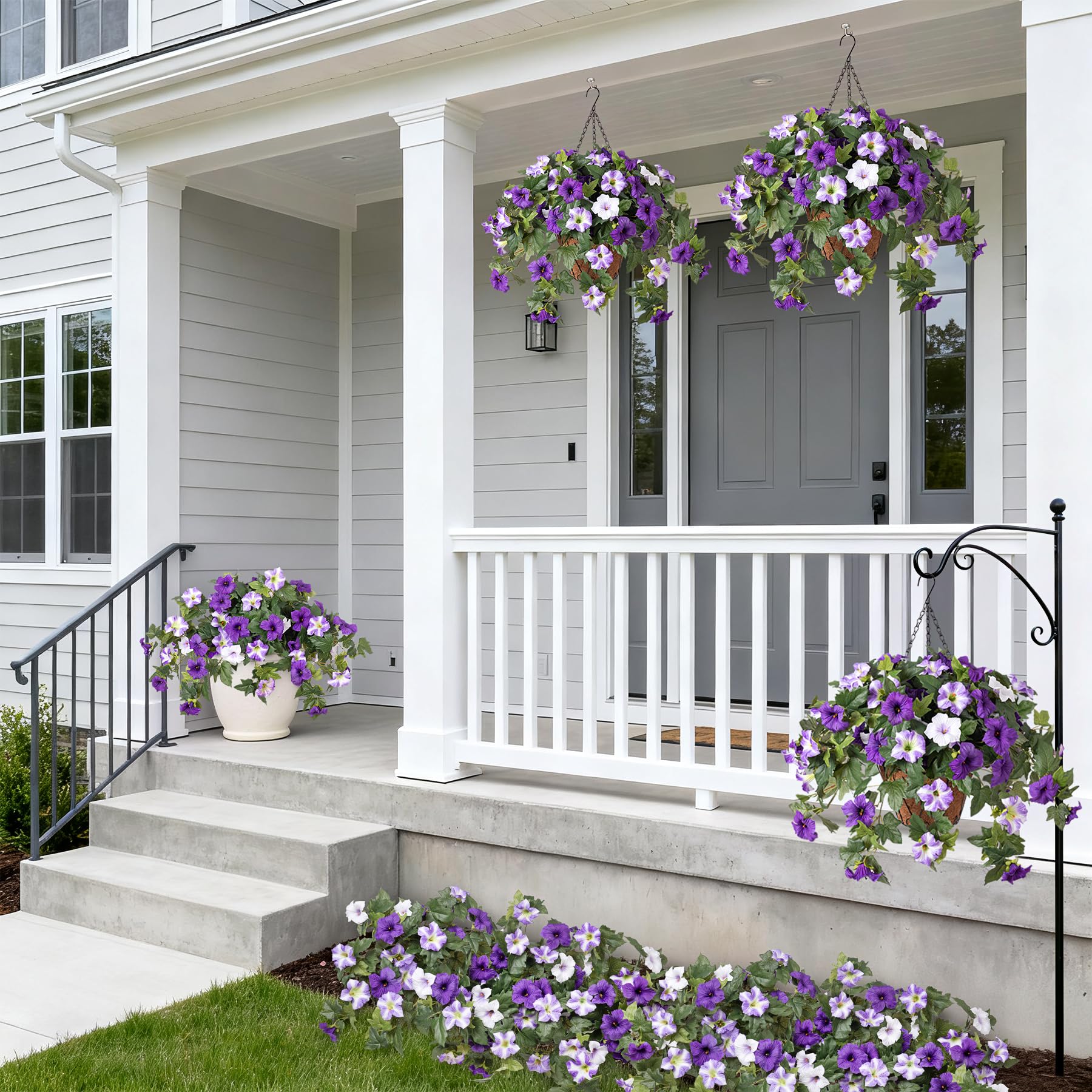 Ammyoo petunias dense leaves frame a lifelike greenery backdrop.