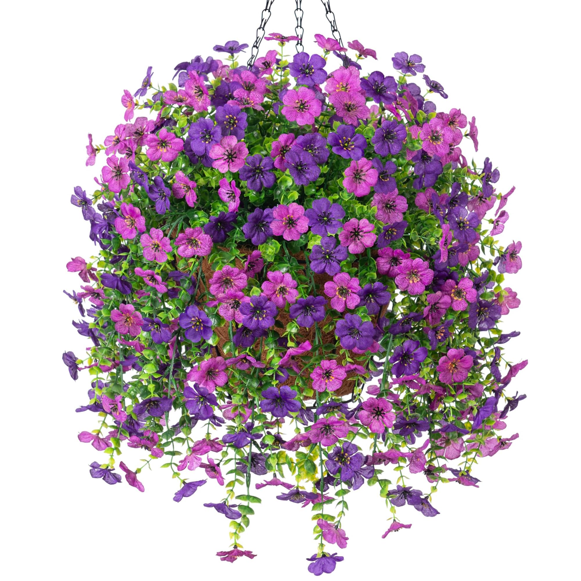 Ammyoo purple lotus hanging flowers in a basket for outdoor UV-resistant decor