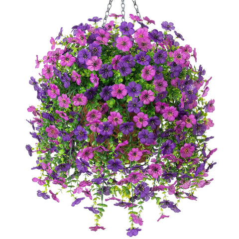 Ammyoo purple lotus hanging flowers in a basket for outdoor UV-resistant decor