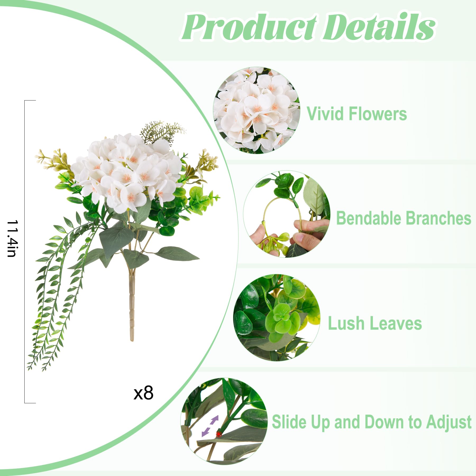 Ammyoo white hydrangea blooms in eight bundles for full, farmhouse-style arrangements.