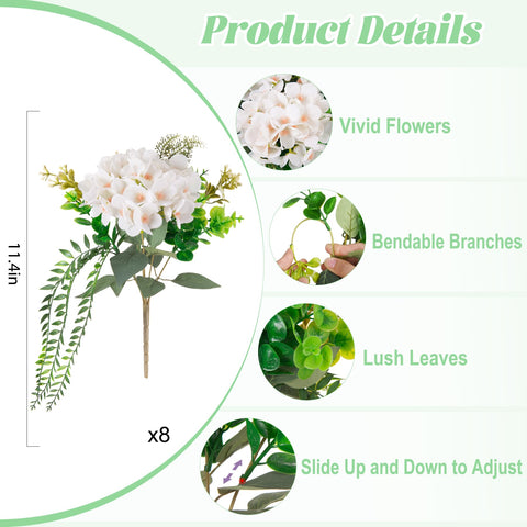 Ammyoo white hydrangea blooms in eight bundles for full, farmhouse-style arrangements.