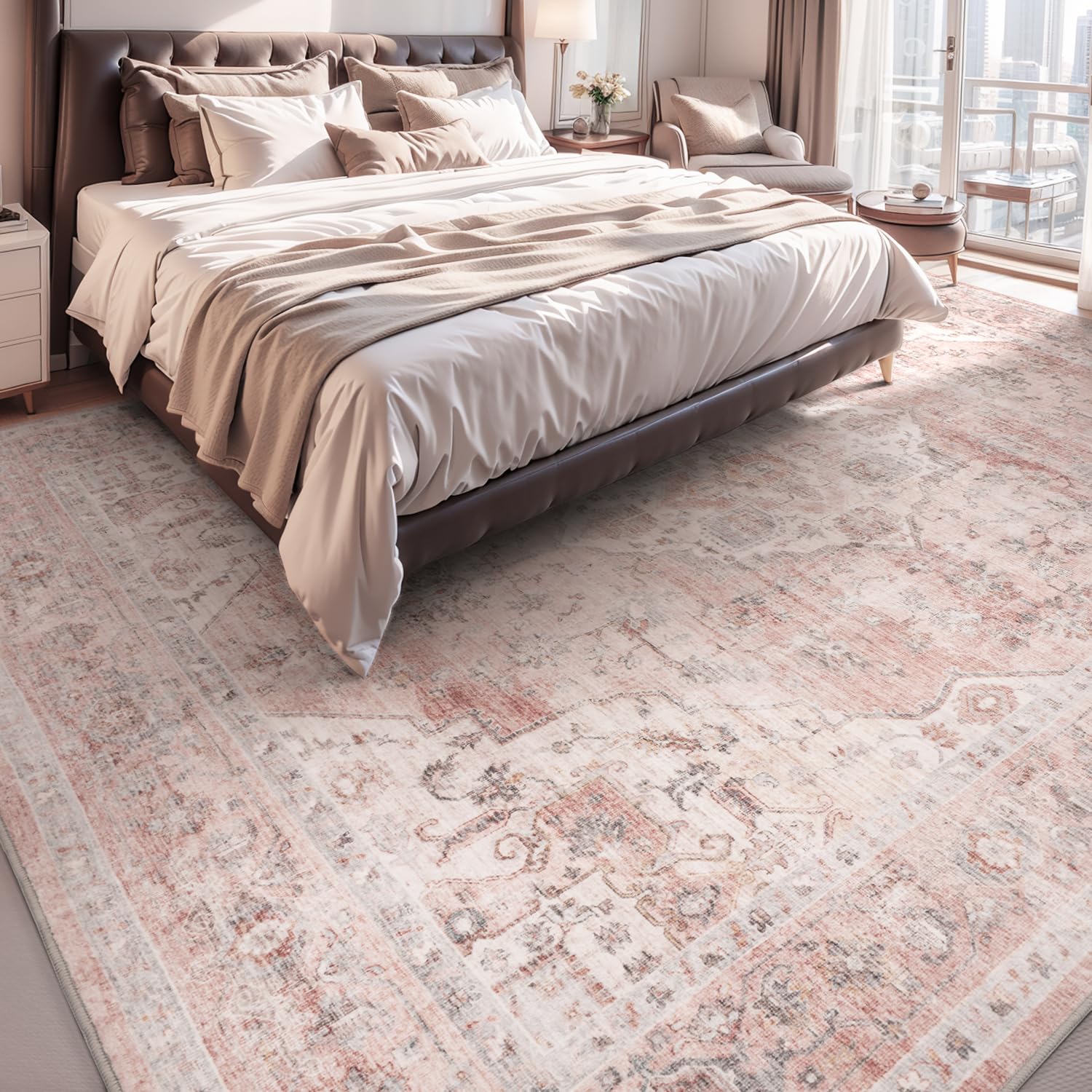 AMOAMI vintage pink bedroom rug adds warmth and timeless charm