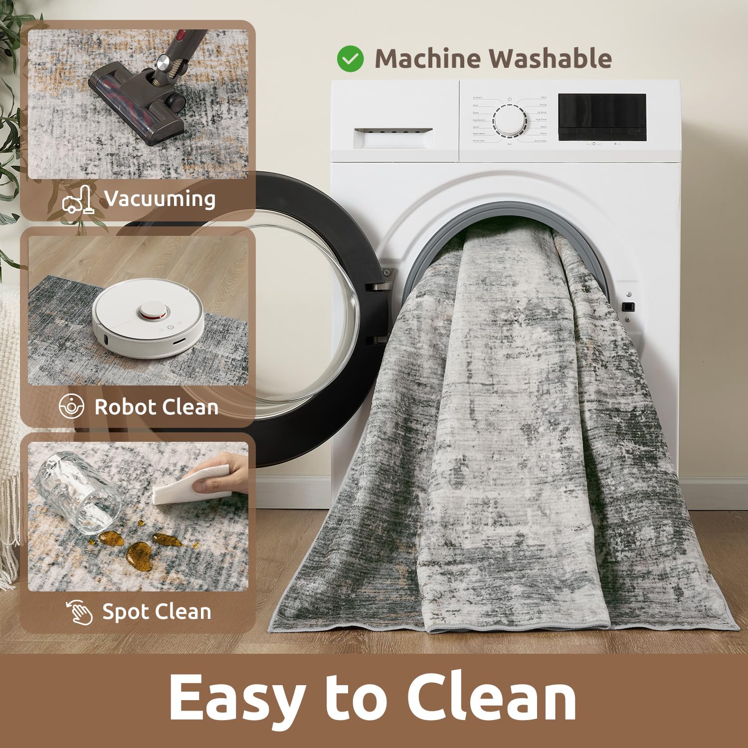 AMOAMI machine washable rug preserves clean look with easy care.