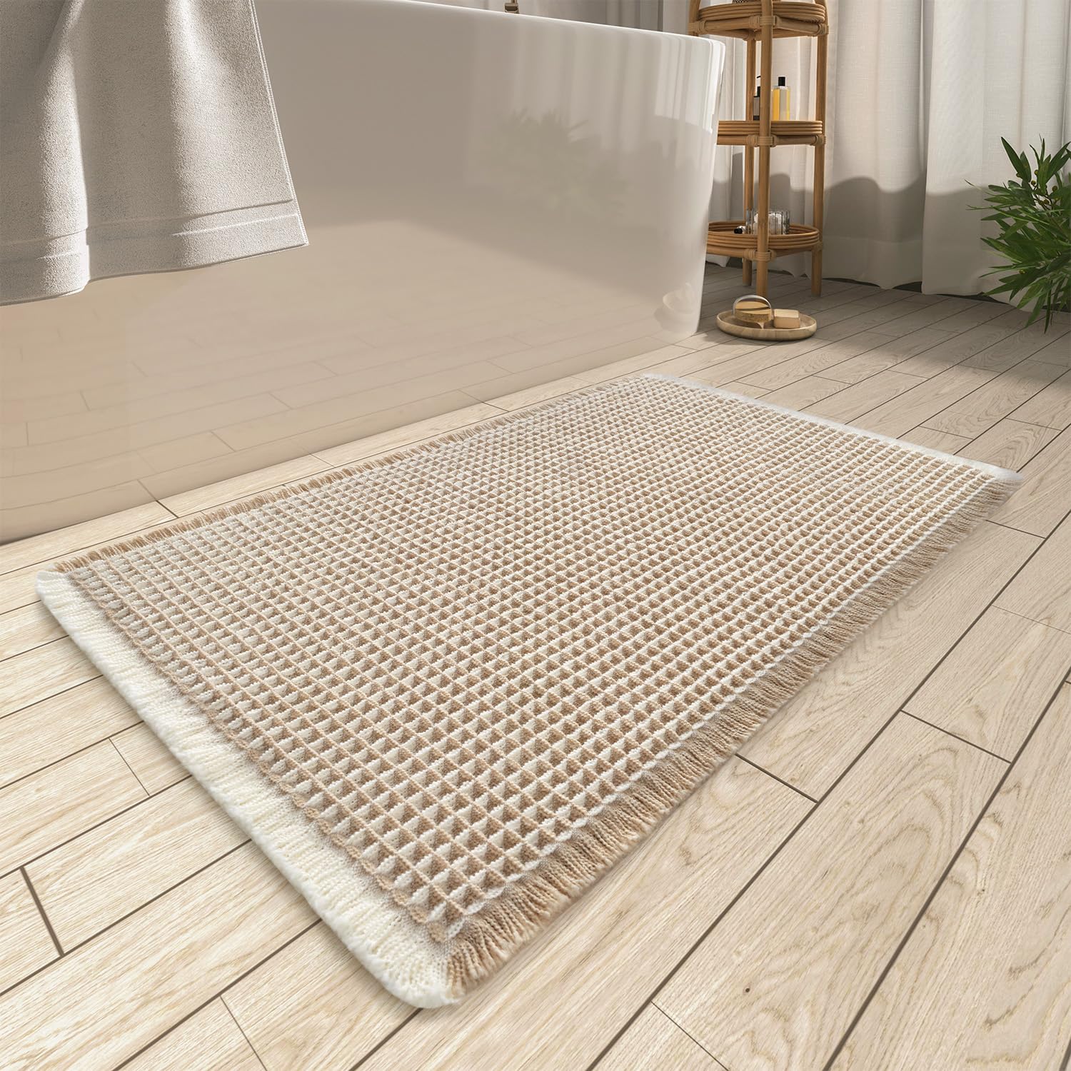 AMOAMI upgraded waffle bath mat brown-cream helps keep floors dry.