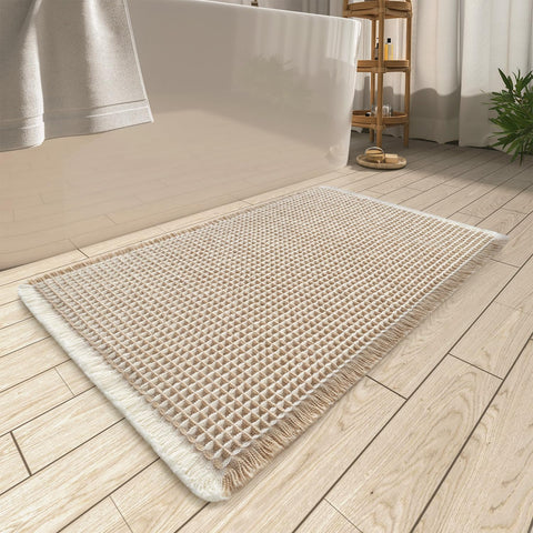 AMOAMI upgraded waffle bath mat brown-cream helps keep floors dry.