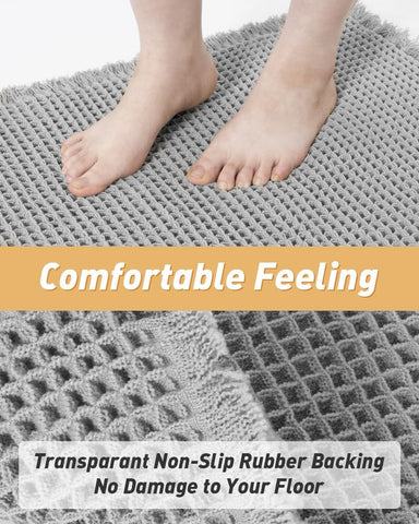 AMOAMI waffle bath mat on bathroom floor demonstrates clear non-slip backing for safe use