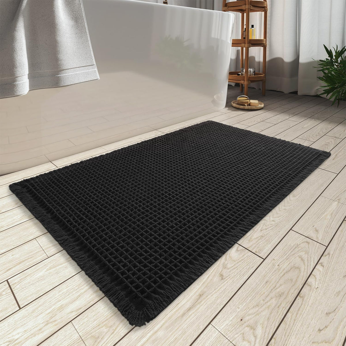 AMOAMI Upgraded Waffle Bath Mat front view with plush texture for foot comfort.