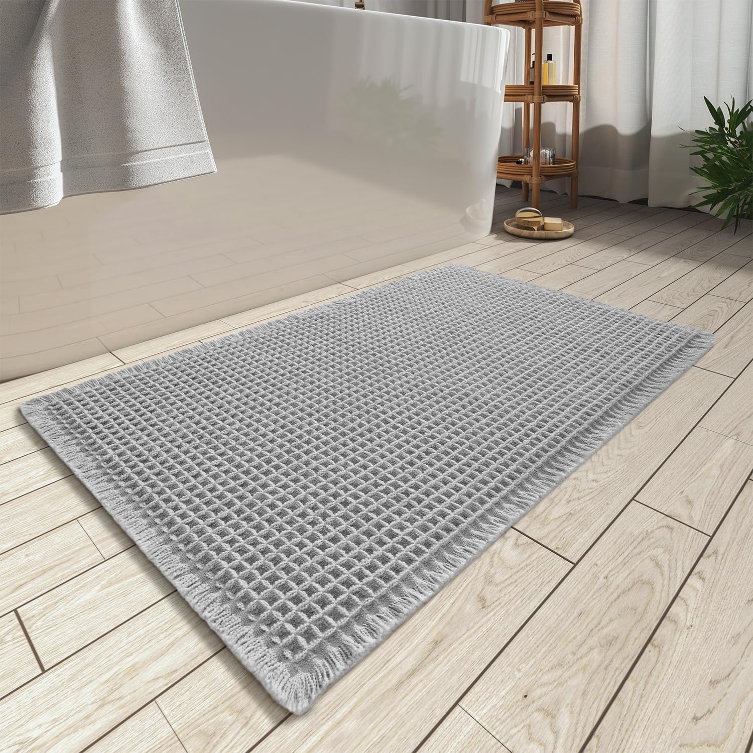 AMOAMI Upgraded Waffle Bath Mat front view highlights plush texture and quick water absorption