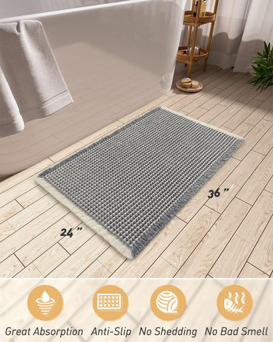 AMOAMI waffle bath mat care tag highlights machine washable design.