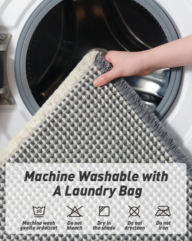 AMOAMI waffle bath mat tassels detail showcases decorative edge charm.
