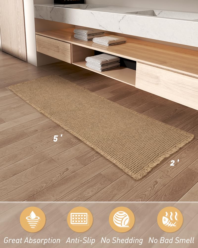 AMOAMI warm brown-toned waffle runner rug complements bathrooms and hallways.
