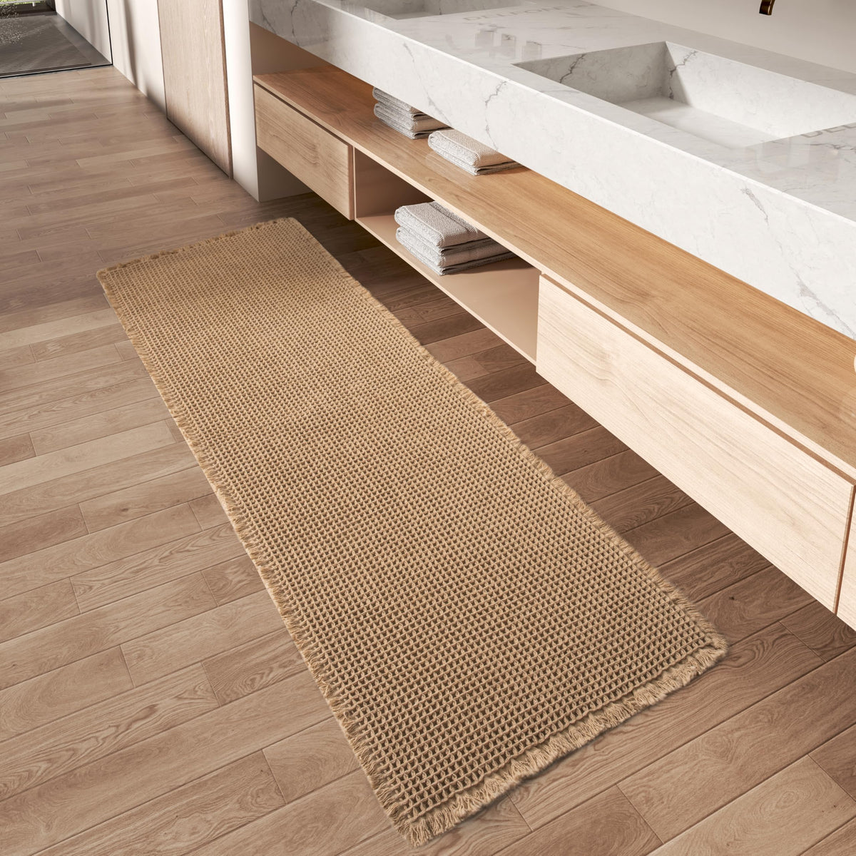 AMOAMI Upgraded Waffle Runner Rug shows superior water absorption for dry bathroom floors.
