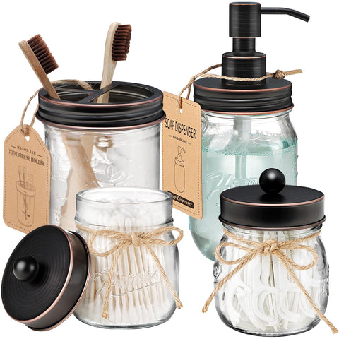 Amolliar Mason Jar Bathroom Dispenser on the sink for easy soap or lotion dispensing.