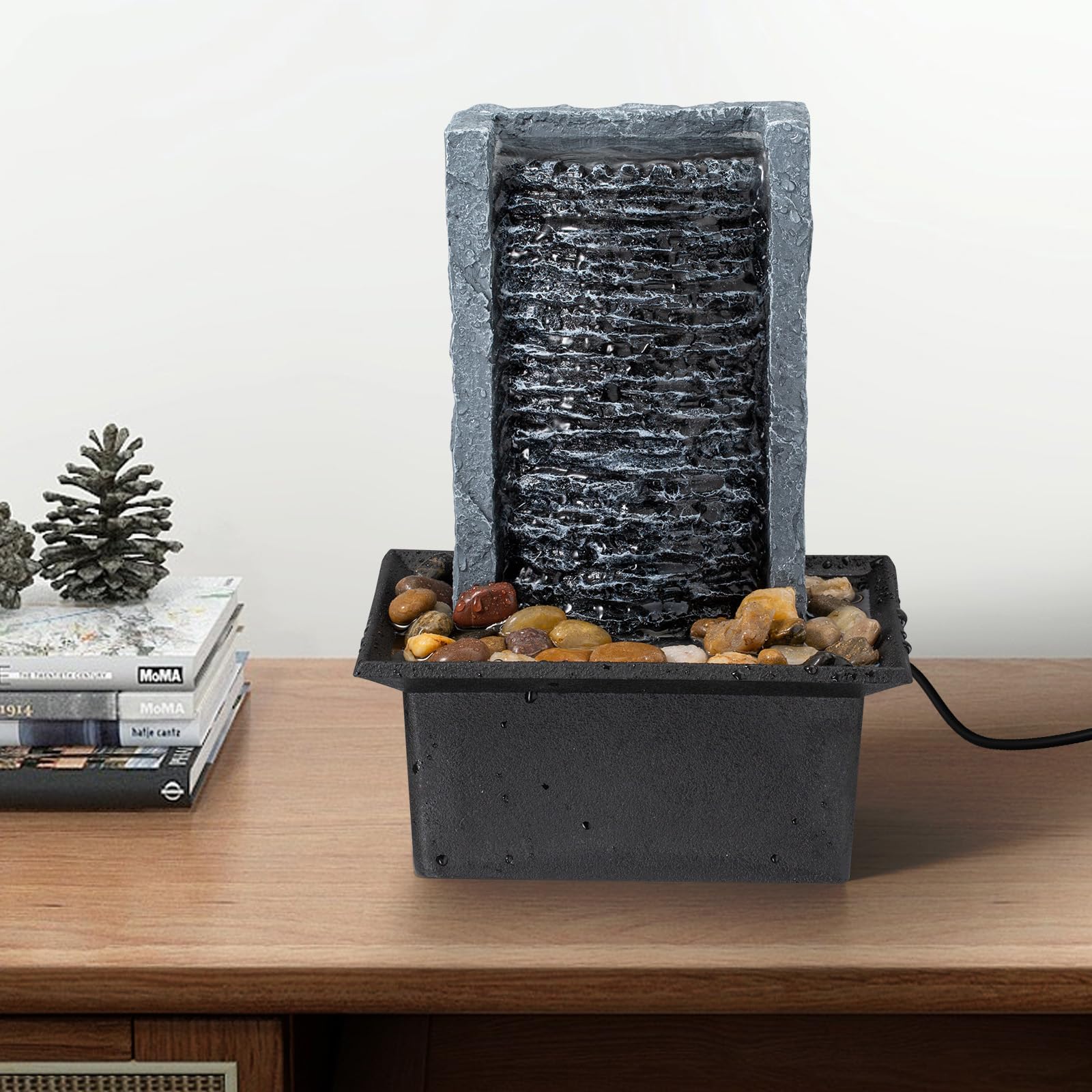 AMOOTEK Tabletop Fountain includes natural stones and soft lighting for ambience
