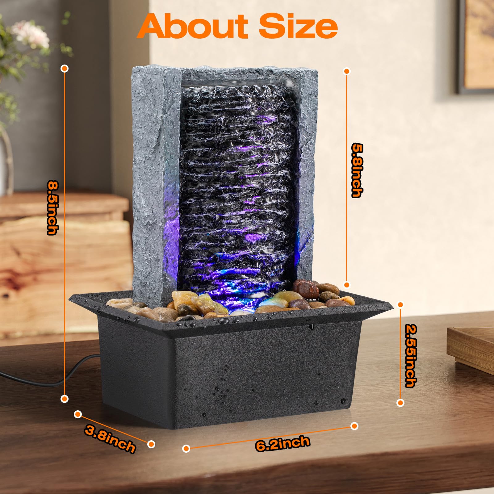 AMOOTEK Tabletop Fountain includes river rocks for natural decor texture