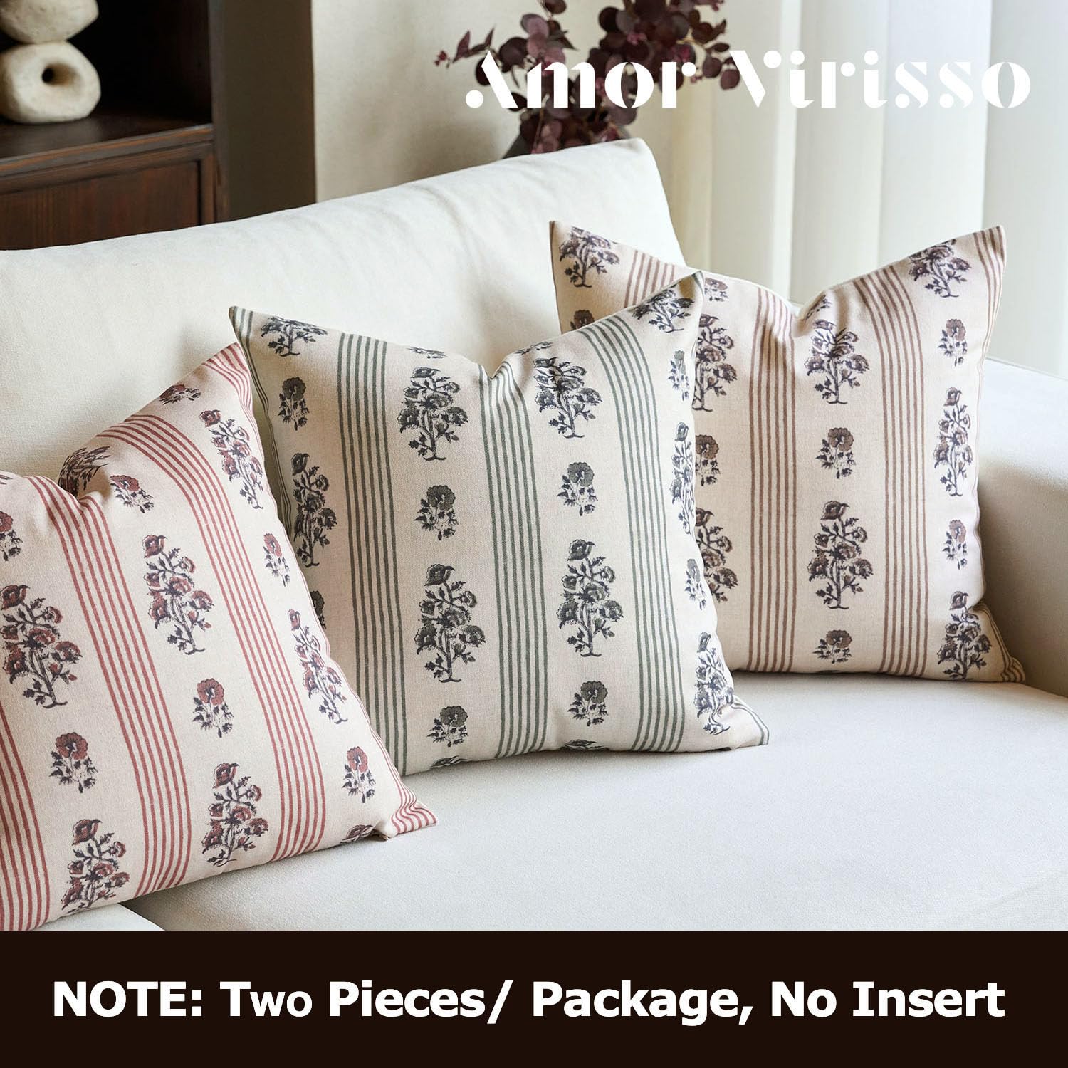 Amor Virisso dainty floral and stripe pattern complements neutral living spaces.