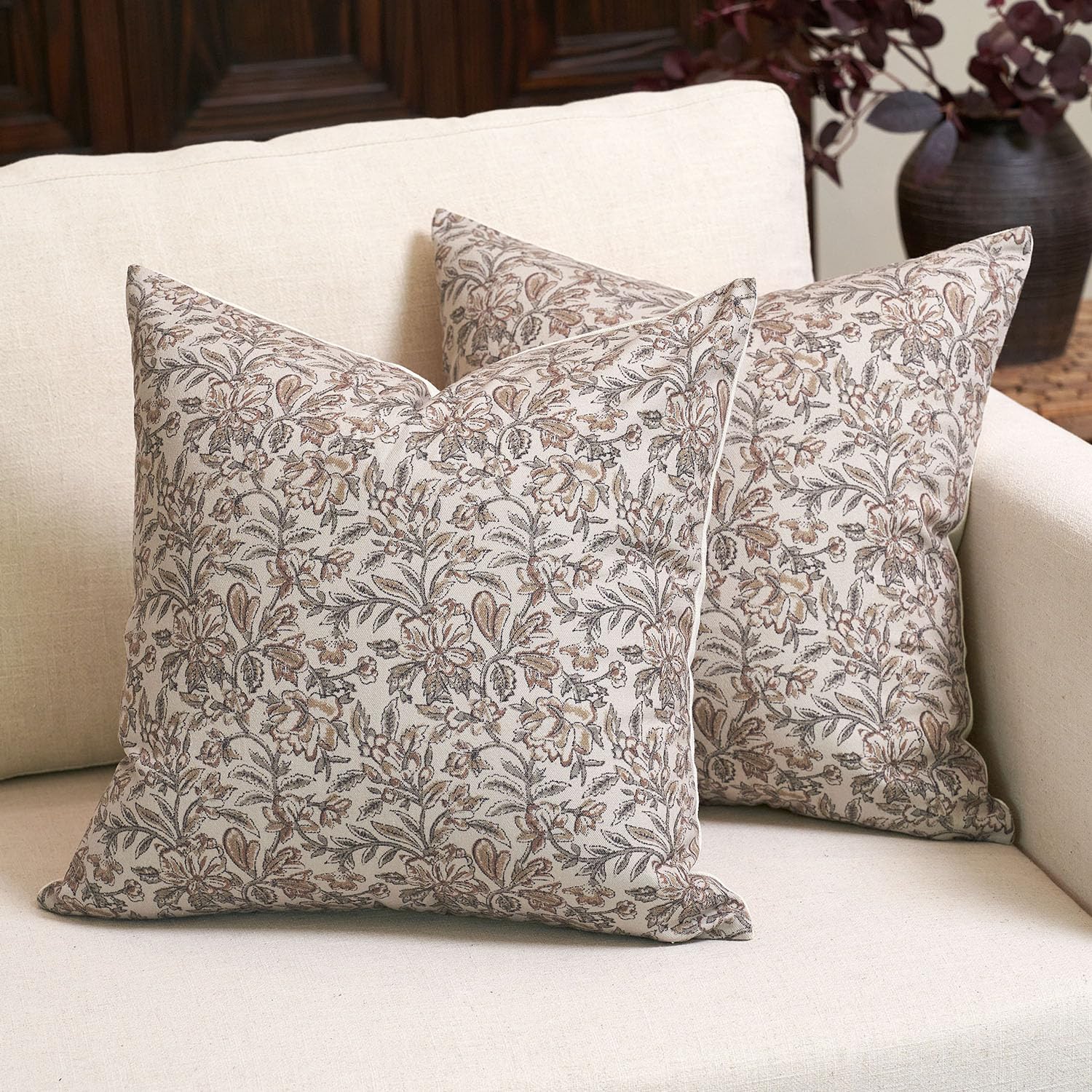 Amor Virisso floral pillow cover 20x20 front view with vintage block print pattern for neutral decor