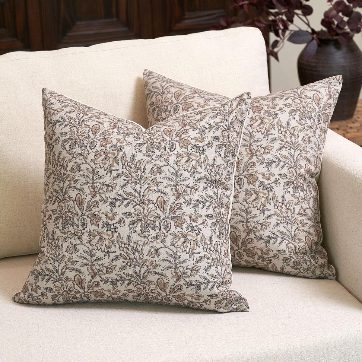 Amor Virisso floral pillow cover 20x20 front view with vintage block print pattern for neutral decor