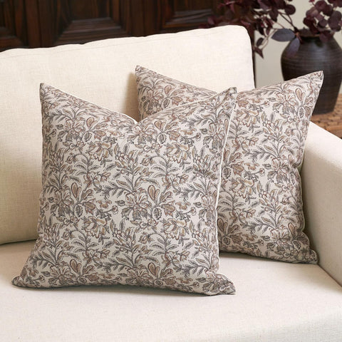 Amor Virisso floral pillow cover 20x20 front view with vintage block print pattern for neutral decor